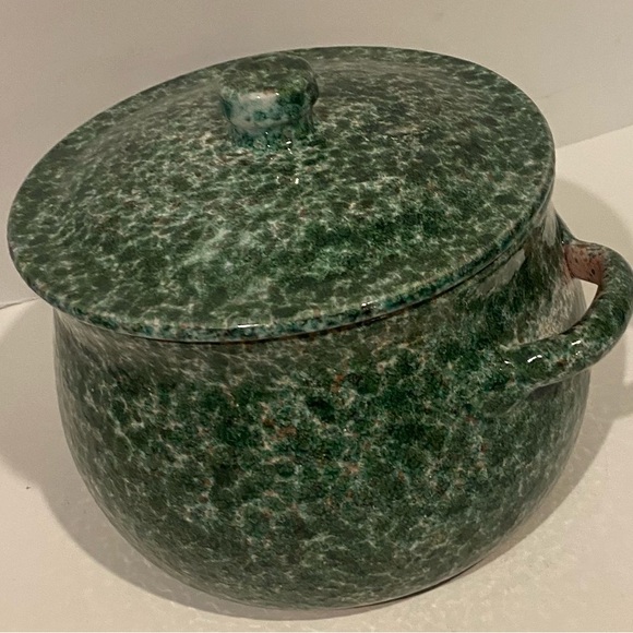 Indoor Outfitters Over And Back Teal Spongeware Bean Crock Lidded Made In Italy - Picture 4 of 9